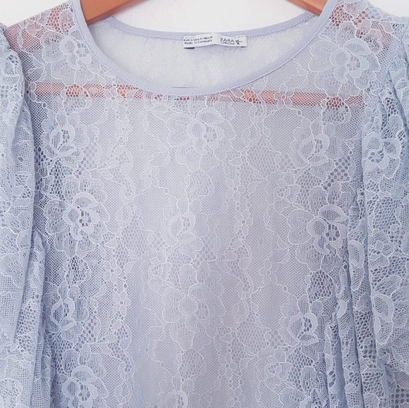 ZARA Blue Gray Ruffle Lace Cropped Top - Picture 5 of 10